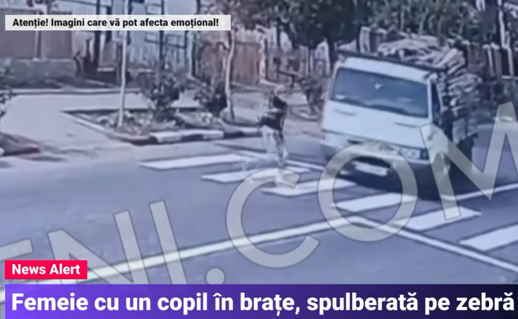 O femeie cu un copil în brațe a fost lovită de un camion, pe o trecere de pietoni din Buzău. Momentul a fost filmat de camerele video