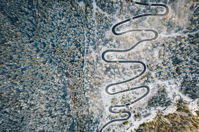 Transfagarasan winding road in the Carpathian mountains in winter