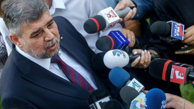 Bucharest, Romania. 13th Sep, 2023: Marcel Ciolacu, Prime Minister of Romania, speaks to the press after the inauguration of a fire station. Credit: Lucian Alecu/Alamy Live News