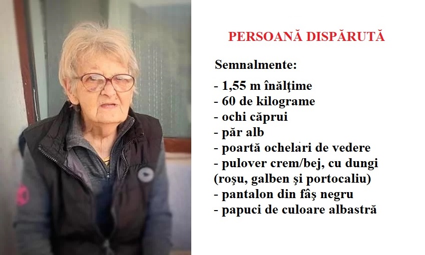 Femeie de 86 ani din Brașov, dispărută fără urmă. Este bolnavă și a plecat dintr-un cămin de bătrâni din Argeș