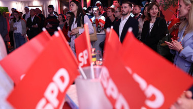 Supporters of the SPD watch a speech by the top candidate at the election party for the state parliamentary elections in Bavaria