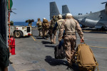 U.S. Marines with the 26th Marine Expeditionary Unit (Special Operations Capable)s (MEU(SOC)), Maritime Special Purpose Force, prepare to depart the Wasp-class amphibious assault ship USS Bataan (LHD 5), Mediterranean Sea, July 28, 2023. The Marines are h