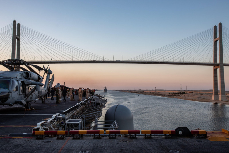 The Suez Canal bridge as seen from aboard the amphibious assault ship USS Bataan (LHD 5), while transiting the Suez Canal, Aug. 6, 2023. The Bataan Amphibious Ready Group and embarked 26th Marine Expeditionary Unit (Special Operations Capable) (MEU(SOC)),