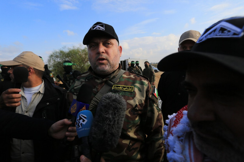 Ayman Nofal, a leader in the Izz al-Din al-Qassam Brigades, the military wing of Hamas speaks during Palestinian factions hold a joint military exercise in Rafah in the southern of Gaza strip, Rafah, Gaza Strip, Palestinian Territory - 29 Dec 2021