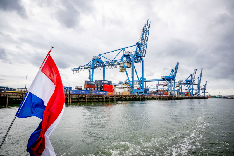 Port Of Rotterdam With Container Ships And Terminals