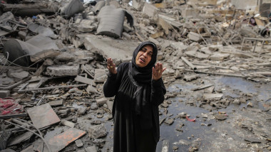 Rubble of building in Gaza city after Israeli airstrikes, Gaza hit by Israel after Hamas denies rocket attack on Tel Aviv.