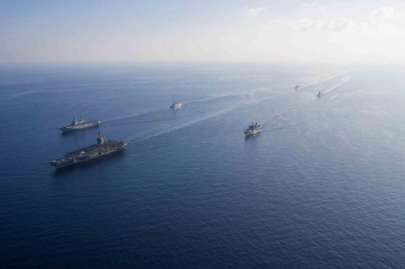 Ionian Sea, United States. 04th Oct, 2023. The U.S. Navy Ford-class aircraft carrier USS Gerald R. Ford leads a formation of ships during passing operations, October 4, 2023 on the Ionian Sea. Following is the Italian navy aircraft carrier ITS Cavour, lef