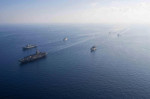 Ionian Sea, United States. 04th Oct, 2023. The U.S. Navy Ford-class aircraft carrier USS Gerald R. Ford leads a formation of ships during passing operations, October 4, 2023 on the Ionian Sea. Following is the Italian navy aircraft carrier ITS Cavour, lef