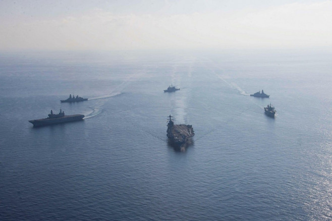 Ionian Sea, United States. 04th Oct, 2023. The U.S. Navy Ford-class aircraft carrier USS Gerald R. Ford leads a formation of ships during passing operations, October 4, 2023 on the Ionian Sea. Following is the Italian navy aircraft carrier ITS Cavour, lef