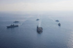 Ionian Sea, United States. 04th Oct, 2023. The U.S. Navy Ford-class aircraft carrier USS Gerald R. Ford leads a formation of ships during passing operations, October 4, 2023 on the Ionian Sea. Following is the Italian navy aircraft carrier ITS Cavour, lef