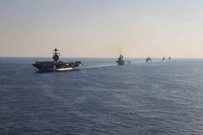 Ionian Sea, United States. 04th Oct, 2023. The U.S. Navy Ford-class aircraft carrier USS Gerald R. Ford leads a formation of ships during operations, October 4, 2023 on the Ionian Sea. Following is the Italian navy aircraft carrier ITS Cavour, Blue Ridge-