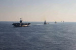 Ionian Sea, United States. 04th Oct, 2023. The U.S. Navy Ford-class aircraft carrier USS Gerald R. Ford leads a formation of ships during operations, October 4, 2023 on the Ionian Sea. Following is the Italian navy aircraft carrier ITS Cavour, Blue Ridge-