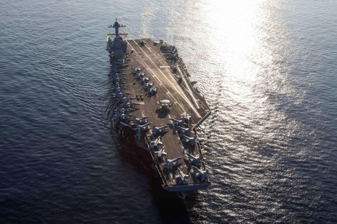 Ionian Sea, United States. 04th Oct, 2023. The U.S. Navy Ford-class aircraft carrier USS Gerald R. Ford leads a formation of U.S and Italian ships during operations, October 4, 2023 on the Ionian Sea. Credit: MC2 Jacob Mattingly/U.S. Navy Photo/Alamy Live