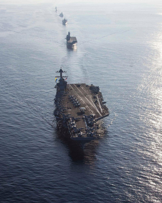 Ionian Sea, United States. 04th Oct, 2023. The U.S. Navy Ford-class aircraft carrier USS Gerald R. Ford leads a formation of ships during operations, October 4, 2023 on the Ionian Sea. Following is the Italian navy aircraft carrier ITS Cavour, Blue Ridge-