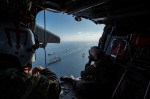 Ionian Sea, United States. 04th Oct, 2023. The U.S. Navy Ford-class aircraft carrier USS Gerald R. Ford leads a formation of ships seen from a Sea Hawk helicopter flying overhead, October 4, 2023 on the Ionian Sea. Following is the Italian navy aircraft c