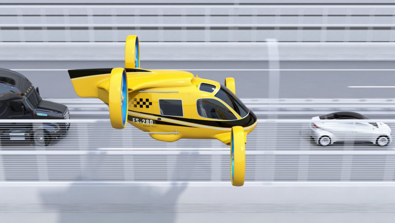 Orange Passenger Drone Taxi flying beside American truck on highway. 3D rendering image.