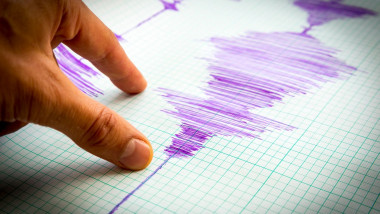 Seismological device for measuring earthquakes. Seismological activity lines on the sheet of measuring paper. Earthquake wave on