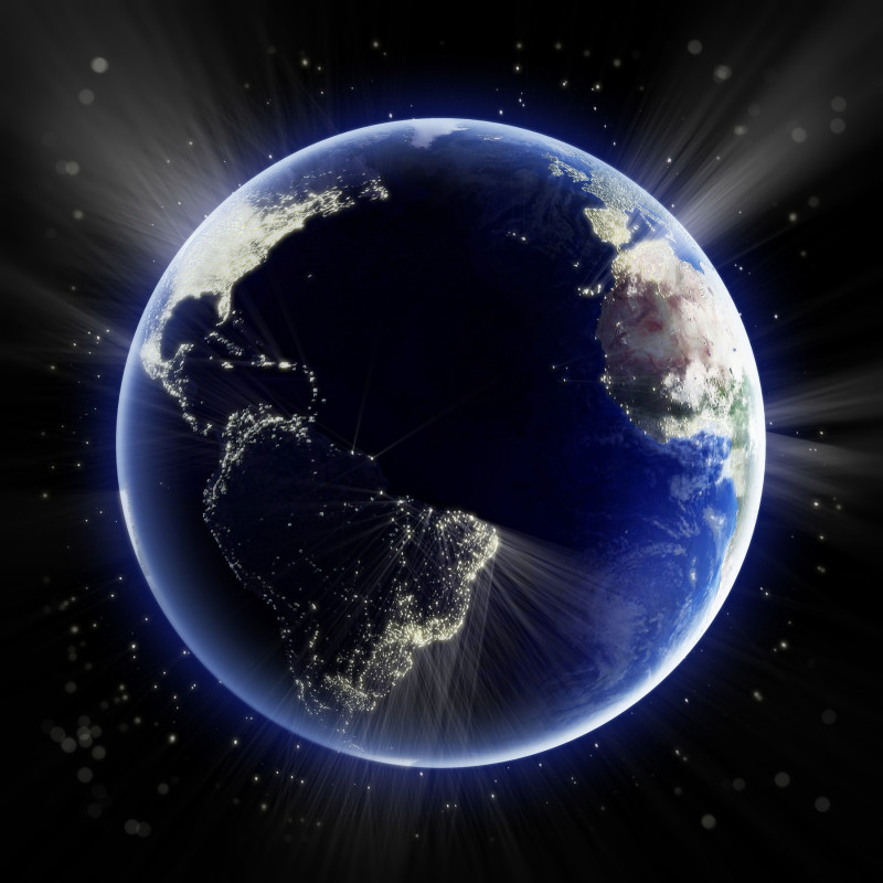 Earth at night showing Africa, Europe and the Americas. 3D illustration
