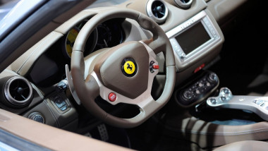Steering wheel view of a Ferrari California at the Beijing Auto Show 2010.