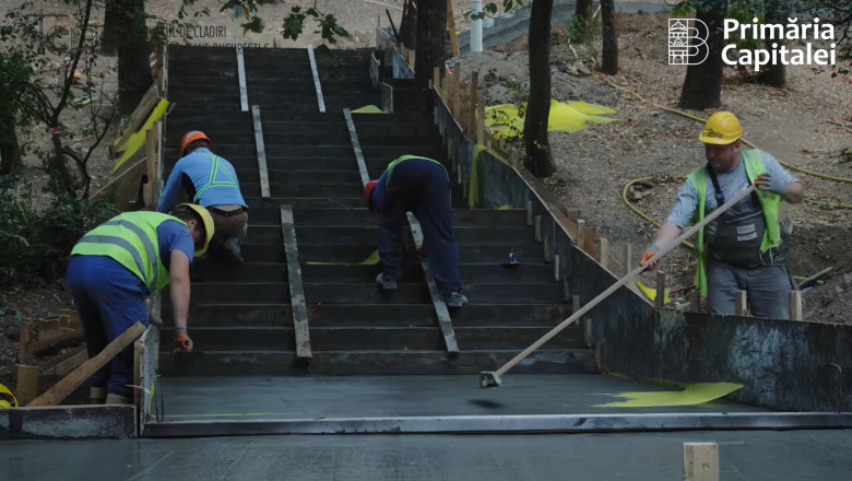 muncitori care lucreaza la scarile din parcul tineretului din bucuresti