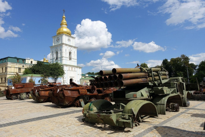 Destroyed Russian army armored vehicles are displayed in a square in central kyiv, Ukraine