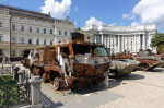 Destroyed Russian army armored vehicles are displayed in a square in central kyiv, Ukraine