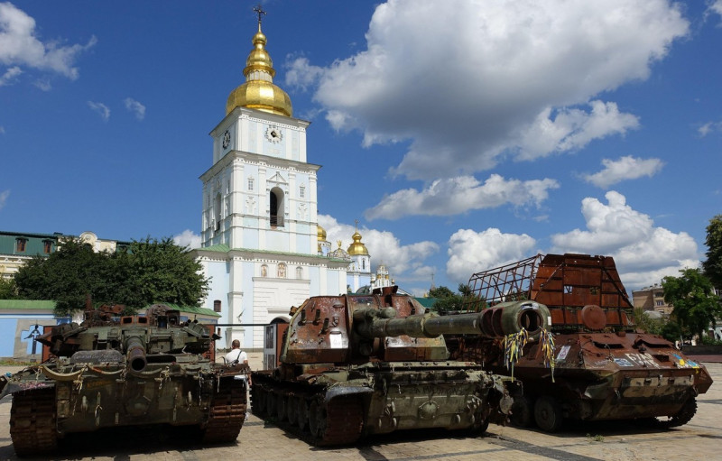 Destroyed Russian army tanks are displayed on a square in central Kyiv, Ukraine