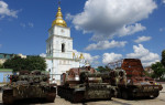 Destroyed Russian army tanks are displayed on a square in central Kyiv, Ukraine
