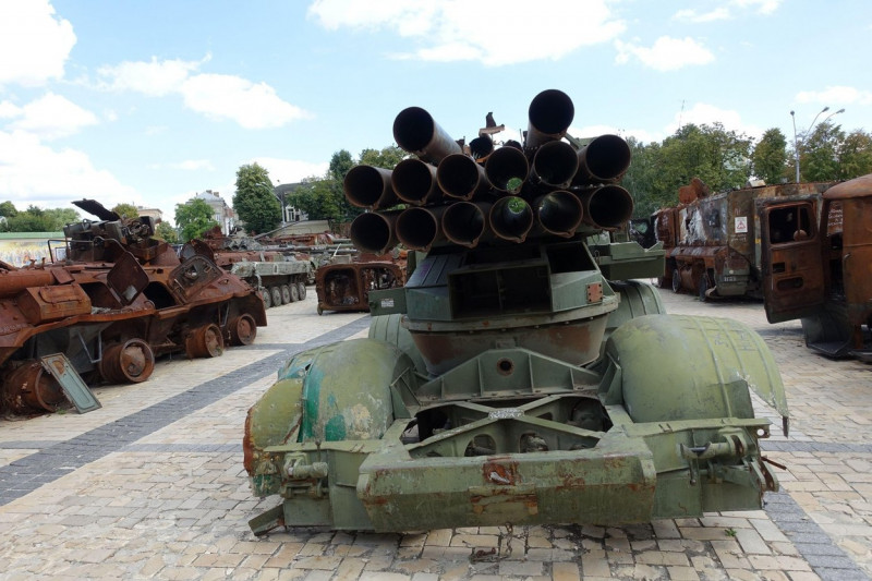 Destroyed Russian army armored vehicles are displayed in a square in central kyiv, Ukraine