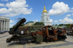 Destroyed Russian army armored vehicles are displayed in a square in central kyiv, Ukraine