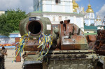 Destroyed Russian army armored vehicles are displayed in a square in central kyiv, Ukraine