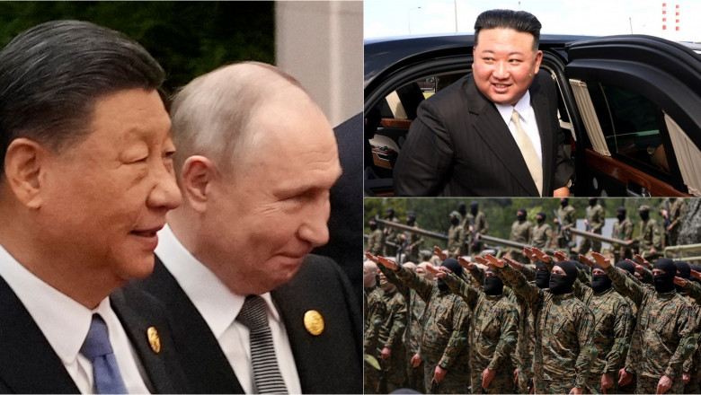 Xi Jinping și Vladimir Putin / Kim Jong Un / luptători Hezbollah