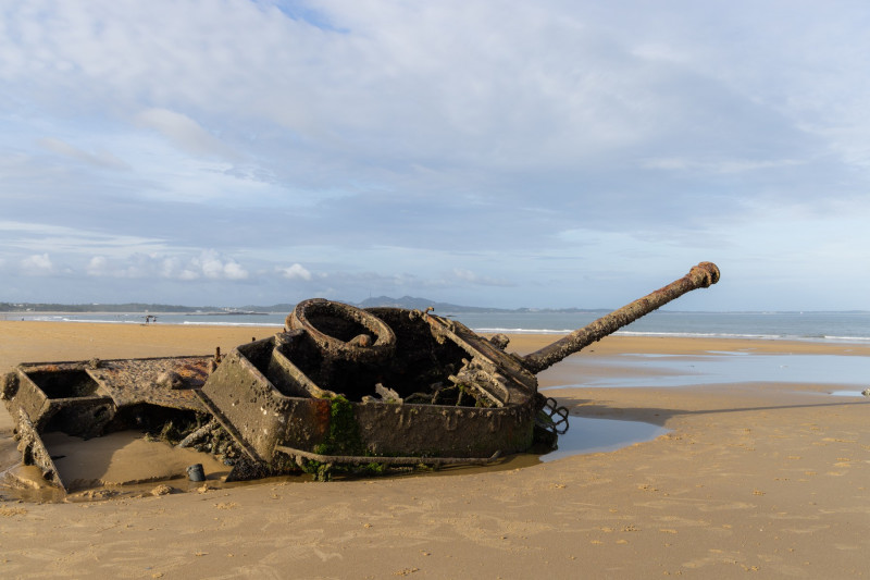 Ruined tank on the sand beach in Kinmen of Taiwan