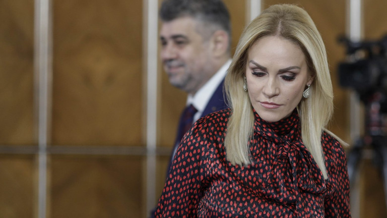 gabriela firea in prim plan si marcel ciolacu pe fundal