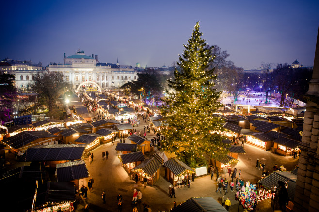 Vienna,Traditional,Christmas,Market,2016,,Aerial,View,At,Blue,Hour