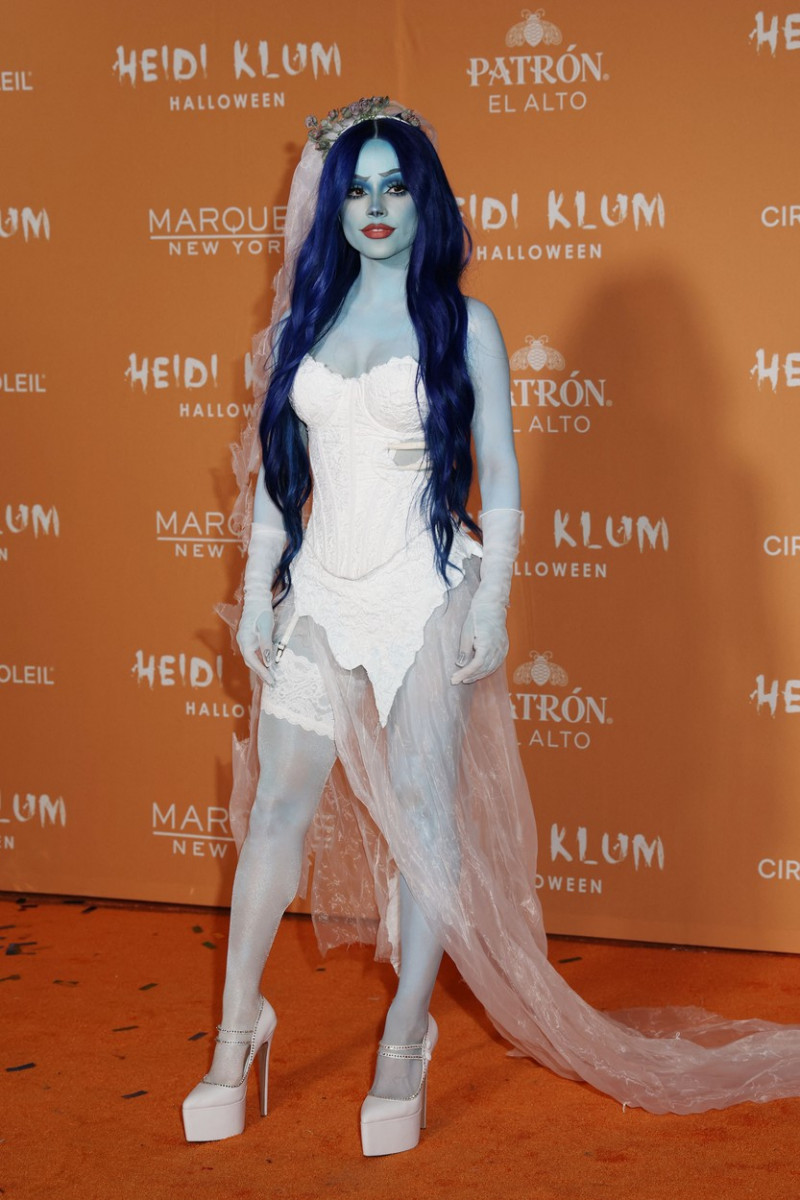 Becky G dressed as Corpse's Bride arrives at Heidi Klum's Annual Halloween Party