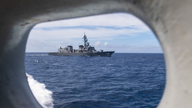 Arleigh Burke-class guided-missile destroyer USS Rafael Peralta on the sea