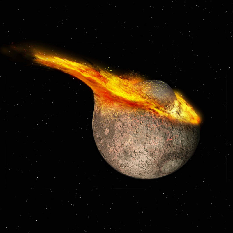 Collision of large asteroid with primeval Moon, illustration