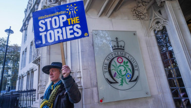 Protestatar la sediul Curții Supreme de Justiție de la Londra, cu o pancartă cu mesajul „Opriți-i pe conservatori”.