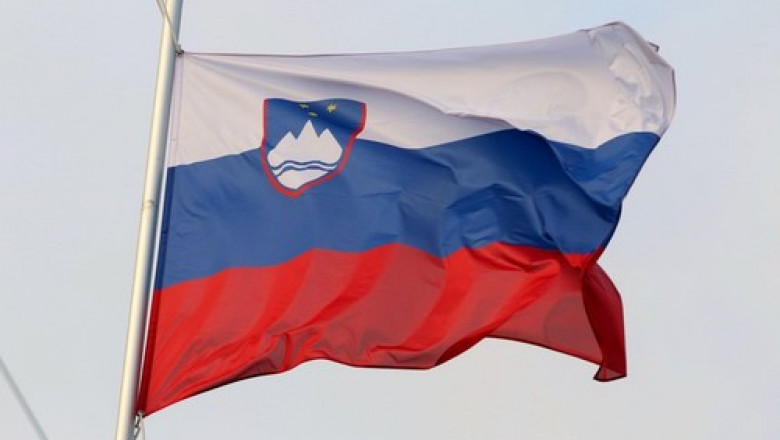 The national flag of the Republic of Slovenia as a participating country at the 12th St. Petersburg International Gas Forum (SPIGF 2023).