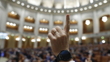 Detaliu mâna unui deputat care votează în Camera Deputaților