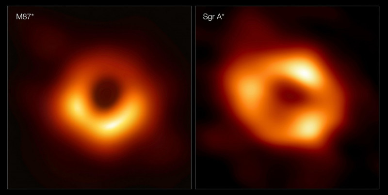 These panels show the first two images ever taken of black holes. On the left is M87*, the supermassive black hole at the centre of the galaxy Messier 87 (M87), 55 million light-years away. On the right is Sagittarius A* (Sgr A*), the black hole at the ce