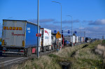 Trucks waiting to get into Ukraine at the Medyka border crossing