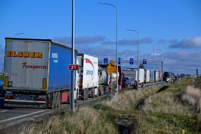 Trucks waiting to get into Ukraine at the Medyka border crossing