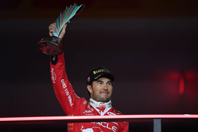 podium PEREZ Sergio (mex), Red Bull Racing RB19, portrait during the 2023 Formula 1 Heineken Silver Las Vegas Grand Prix, 21th round of the 2023 Formula One World Championship from November 17 to 19, 2023 on the Las Vegas Strip Circuit, in Las Vegas, USA