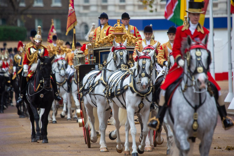 Mounted Guards Lead The Way To The Royal Carriages Of King Charles III On The Mall
