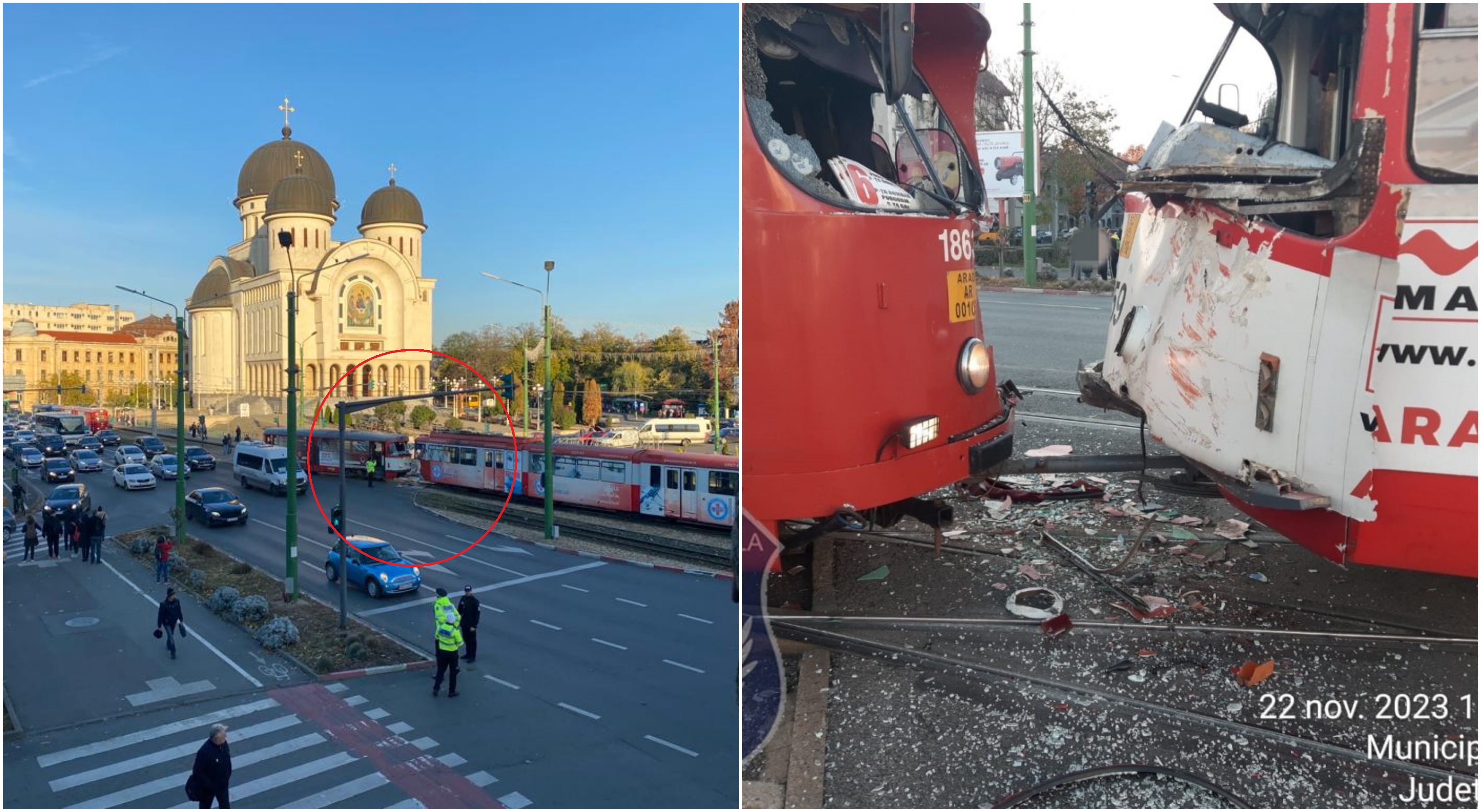Două tramvaie s-au ciocnit în Arad, după ce femeia vatman ar fi acționat greșit macazul