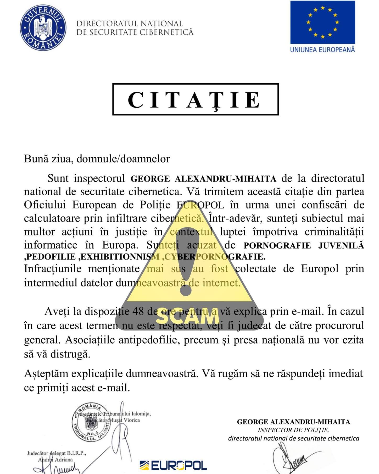"Sunteți acuzat de pornografie juvenilă. Vă rugăm să răspundeți". DNSC avertizează asupra fraudelor în numele unor autorități publice
