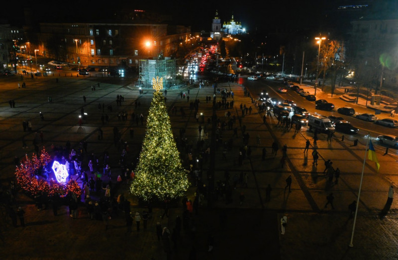 A Christmas tree seen installed at Sofiyivska Square in Kyiv, Ukraine - 06 Dec 2023