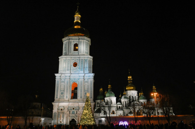 A Christmas tree seen installed at Sofiyivska Square in Kyiv, Ukraine - 06 Dec 2023
